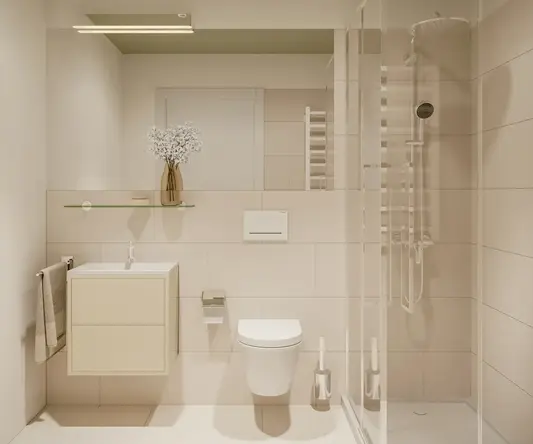 a bathroom with a glass shower and toilet