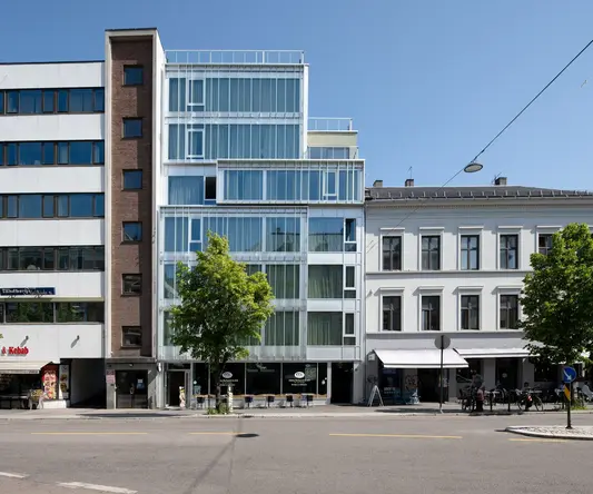 a street with a tree and buildings