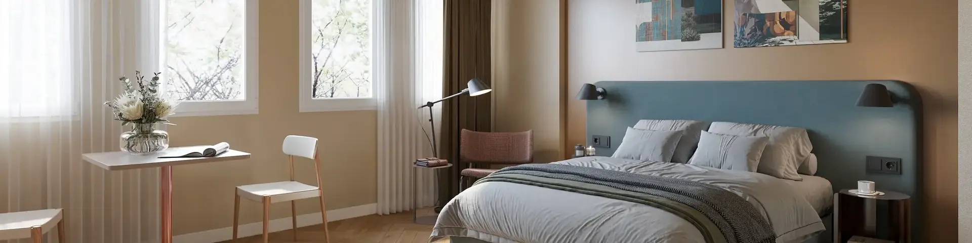 a bedroom with a bed and a desk