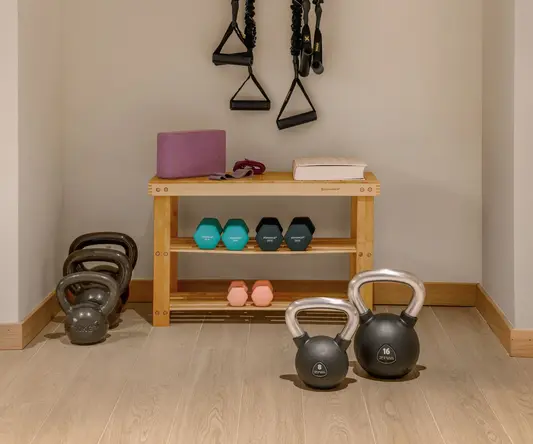 a room with a shelf with weights and a bar and a black rope from the wall
