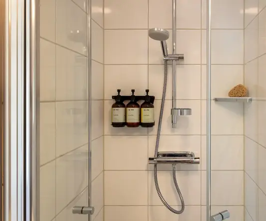 a shower with a shower head and a shelf