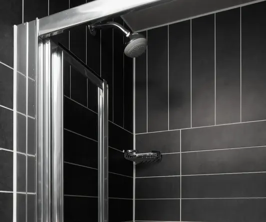 a shower with a shower head and bottles of liquid