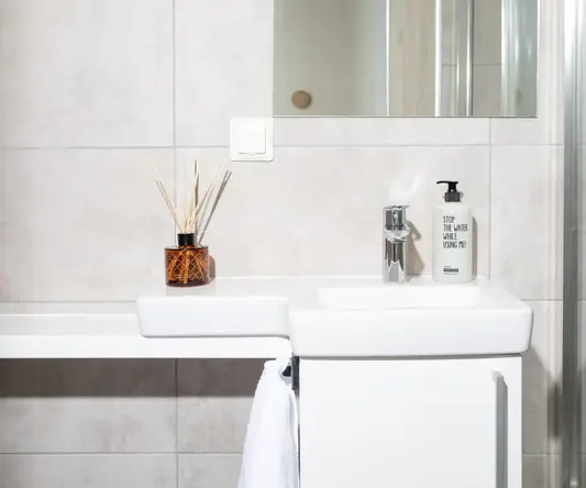 a bathroom sink with a mirror and a bottle of reeds