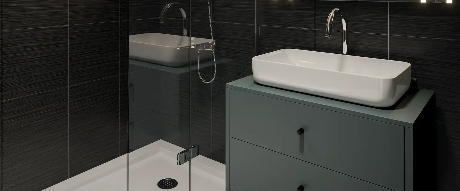 a bathroom with a sink and shower