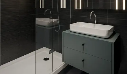 a bathroom with a sink and shower