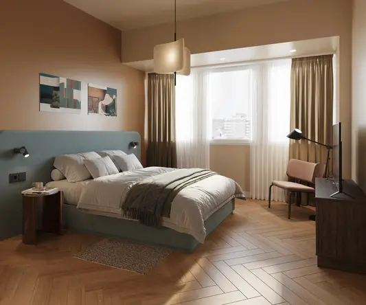 a bedroom with a bed and a desk