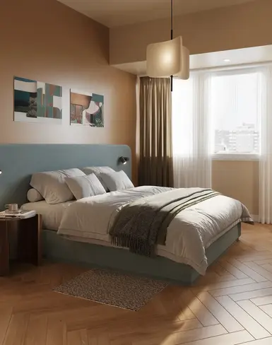 a bedroom with a bed and a desk