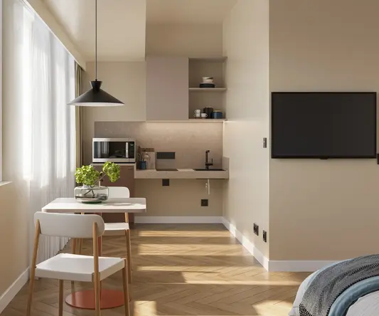 a room with a tv and a bed